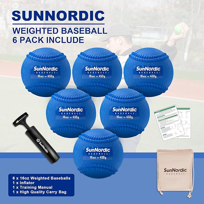 SunNordic 6 Pack Weighted Baseballs Set (16 oz) - Weighted Baseballs for Hitting Training & Improved Power - Pitching Training Baseball for All Skill Levels