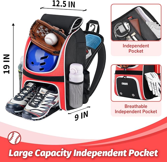 Youth Baseball Bag - Baseball Backpack Bat & Glove Holder, T-Ball & Softball Equipment & Gear,Large Main Compartment for Helmet & accessories, Fence Hook，Insulation Pocket