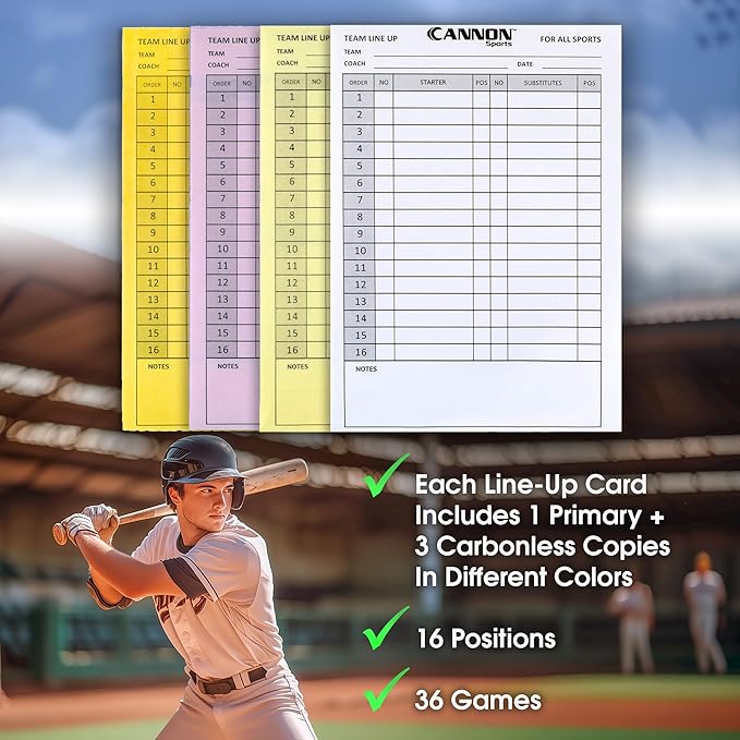 Cannon Sports Baseball Softball Lineup Cards - 36 Games, 16 Player Roster, 4-Part Carbon Copies - Lineup Sheets for Baseball/Softball