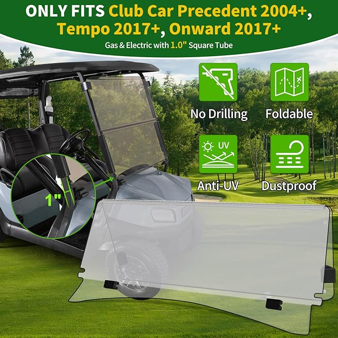 Clear Golf Cart Foldable Windshield 3/16" (5MM) Thicken for Club Car Precedent 2004+, Tempo & Onward 2017+, 37.4" W×32.7" H, Fits 1"×1" Strut Rail Window Glass Replacement Scratch-Resistant