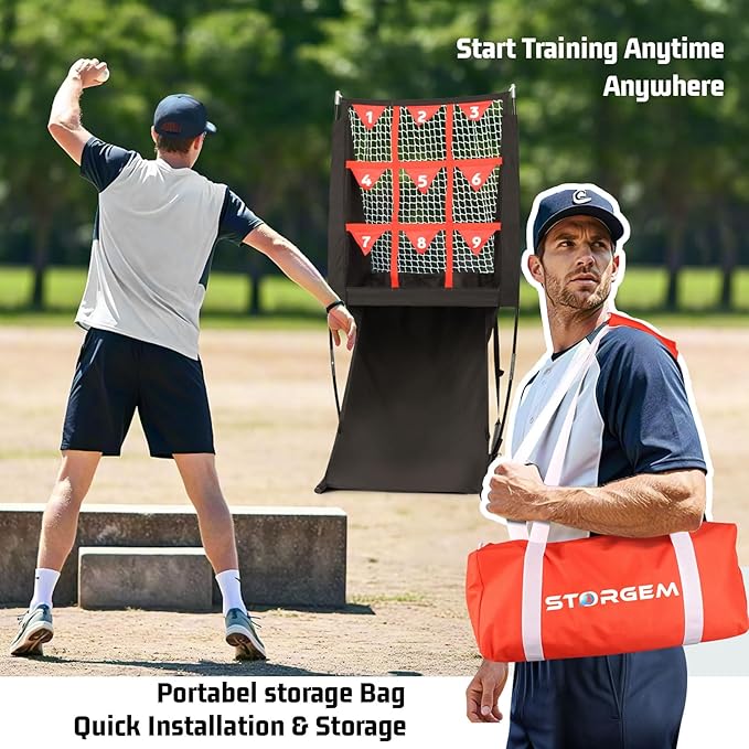 Storgem 9 Hole Pitching Net with Strike Zone, Baseball Softball Pitching Target Net with Automatic Ball Return, Portable Pitcher Training Equipment Height Adjustable, Carry Bag