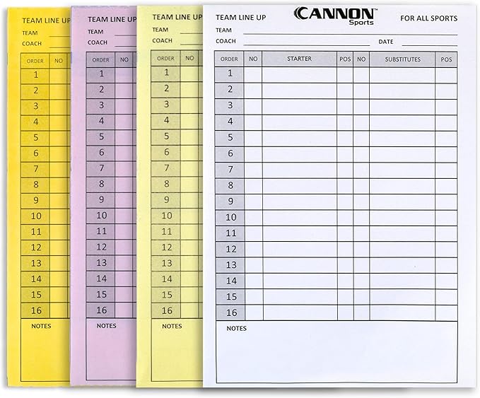 Cannon Sports Baseball Softball Lineup Cards - 36 Games, 16 Player Roster, 4-Part Carbon Copies - Lineup Sheets for Baseball/Softball