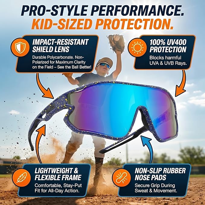 Kids Baseball Sunglasses - Youth Baseball Sunglasses for Boys Girls - Sports Softball Shades Age 6-14