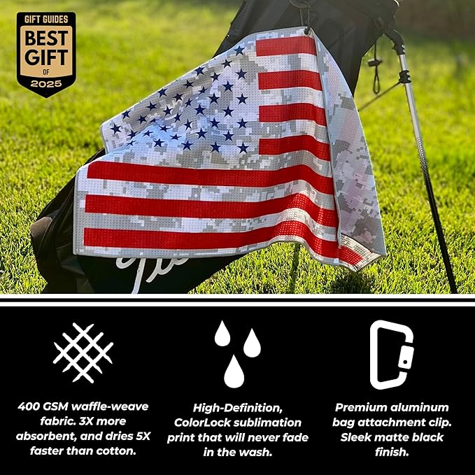 Pin Hunters California Flag Microfiber Golf Towel | Premium Waffle Towel with Clip | Large 31"×15.5" Towel for Golf Bags | Accessories for Men | Fun Gift for Husband | USA Pride
