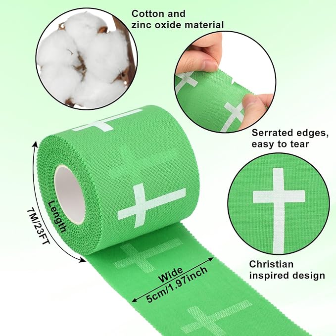 MiniInflat 2 Pcs Christian Cross Athletic Tape Sports Tape 2in x 23ft Religion Jesus Wrist Wrap for Soccer Football Baseball, Gift for Graduation Teacher Nurses Week Pentecost(Green,Crosses)
