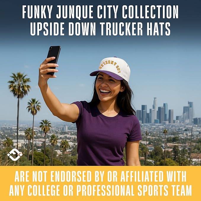 Funky Junque Upside Down City Trucker Hat for Men and Women – Unisex 3D Embroidered Gameday Baseball Cap, Retro Snapback Hats