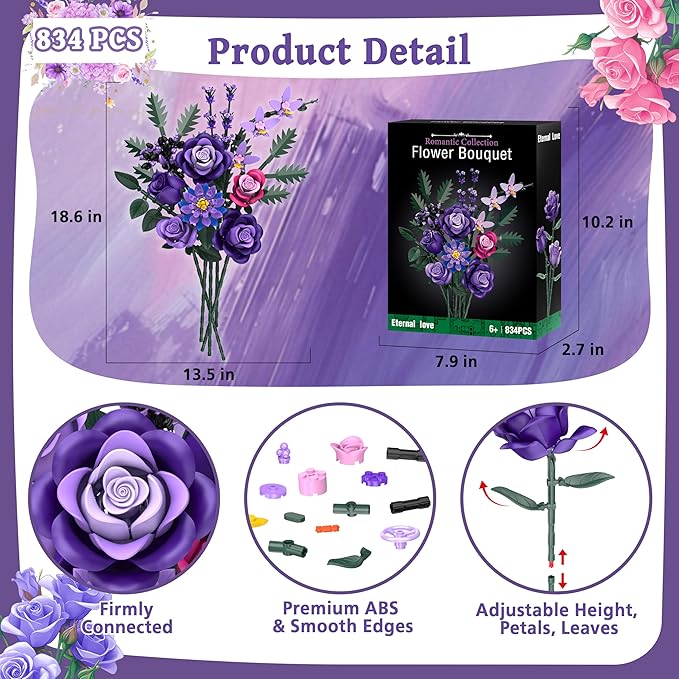 Purple Roses Flower Bouquet Building Sets, Gifts - Image 7