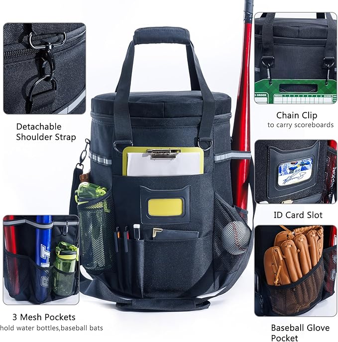 VIGERARI Baseball Bucket Bag- Coach Bag-Expandable Softball Bucket Organizer with Padded Seat
