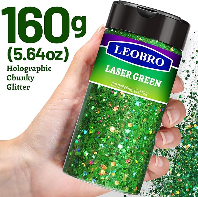 LEOBRO Green Glitter, 160g/5.64oz Holographic Chunky Glitter - Image 2