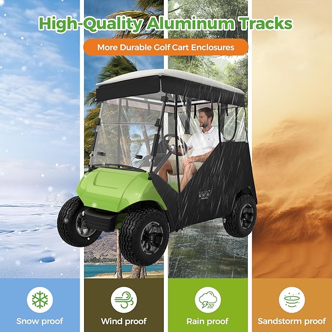 10L0L 2 Passenger Track-Style Enclosure Cover for Yamaha G29 Drive/Drive 2, Waterproof 600D Polyester Rain Shelter with Pre-Drilled Awning Track, 3-Piece Zip-Off Design, Roll-Up All Sides,Valance