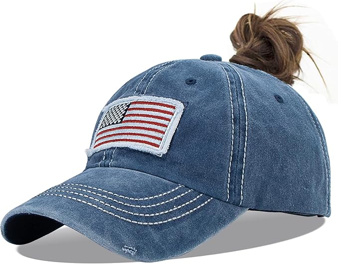 Distressed Ponytail Hat for Women American-Flag Pony Tail Caps High Bun