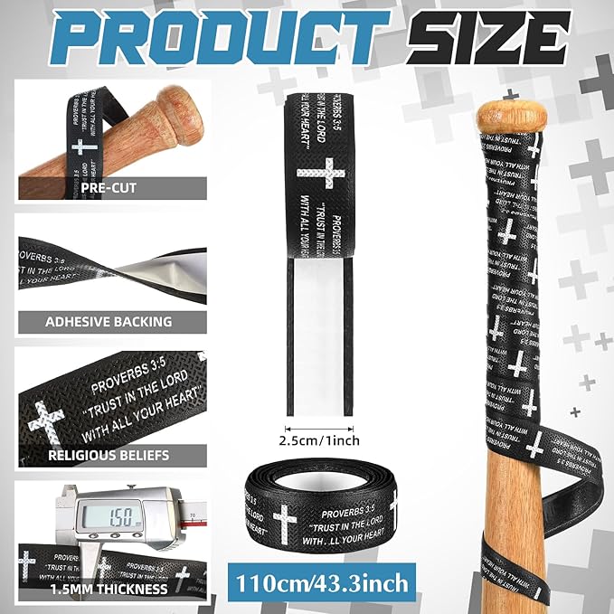 Pushglossy Christian Baseball Bat Grip Tapes 1.5mm Faith Cross Bat Grip Tape, Precut Full Adhesive Baseball Wrist Tape Scripture Design Non-Slip Religious Baseballs Grips Tapes