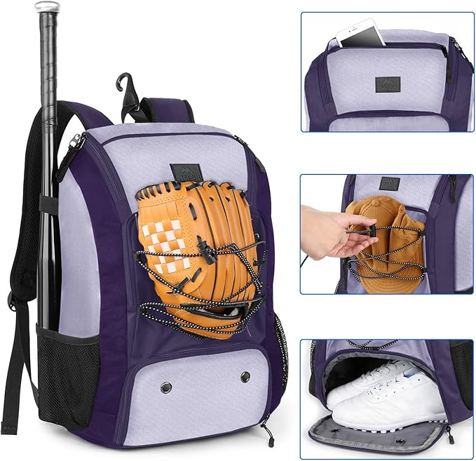 MATEIN Baseball Backpack, Softball Bat Bag with Shoes Compartment for Youth, Boys and Adult, Lightweight Baseball Bag with Fence Hook Hold TBall Bat, Batting Mitten, Helmet, Caps, Teeball Gear