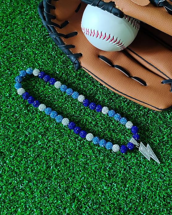 Baseball Necklace for Men 16/18/20 Inch Bling Ice Collection Lightning Bolt Pendant Necklace for Women Rhinestone Clay Beaded Discoball Accessories Gifts for Baseball Team Players Lovers