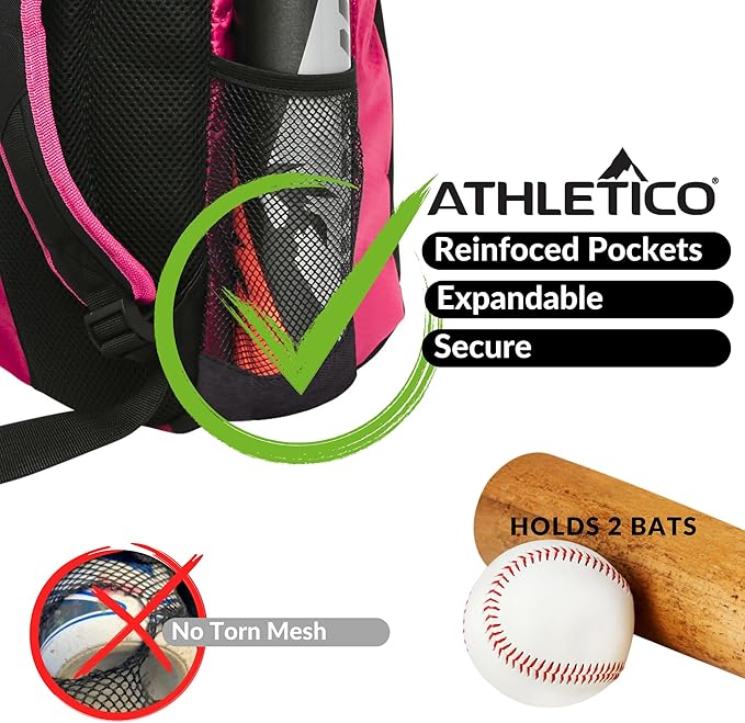 Athletico Youth Baseball Bag - Bat Backpack for Baseball, T-Ball & Softball Equipment & Gear | Holds Bat, Helmet, Glove | Fence Hook