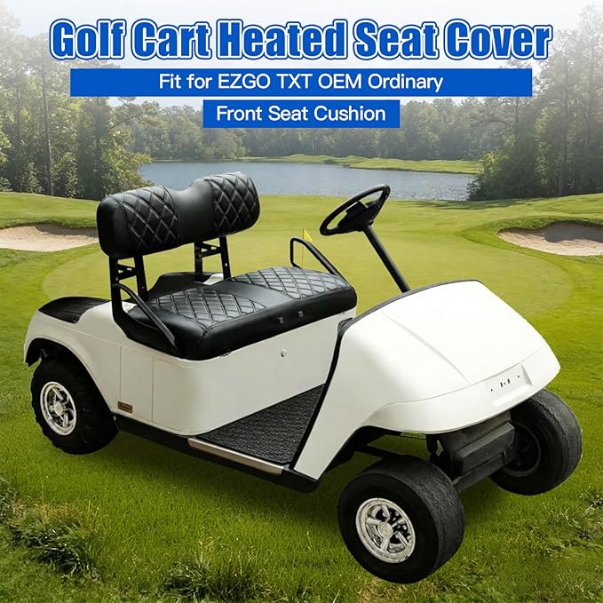 NOKINS Heated Golf Cart Seat Covers Kit - 3-Speed Heating, 5-Min Quick Warm-Up, 12V Power with Converter, Black and Black Stitching (Fits EZGO TXT 1994-2013/EZGO RXV OEM Standard Front Seat Cushion)