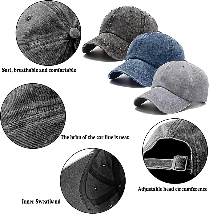 3 Pack Washed Plain Vintage Baseball Cap Cotton Adjustable Twill Bulk Low Profile Classic Dad Hat for Men/Women