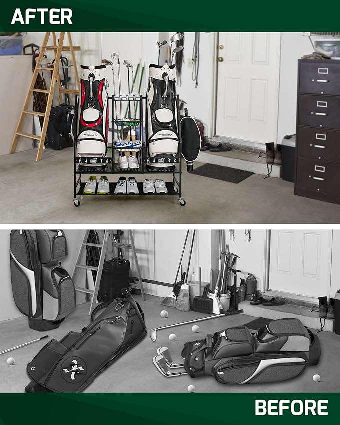 Mythinglogic 2 Golf Bag Storage Organizer, Golf Bag Stand and Other Golfing Equipment Rack for Garage, Extra Storage Rack Design for Golf Clubs