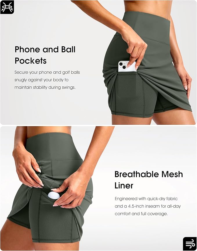 G Gradual 18" Golf Skirts for Women Zipper Pockets Mid Length Skort with Shorts Underneath High Waist Tennis Pickleball