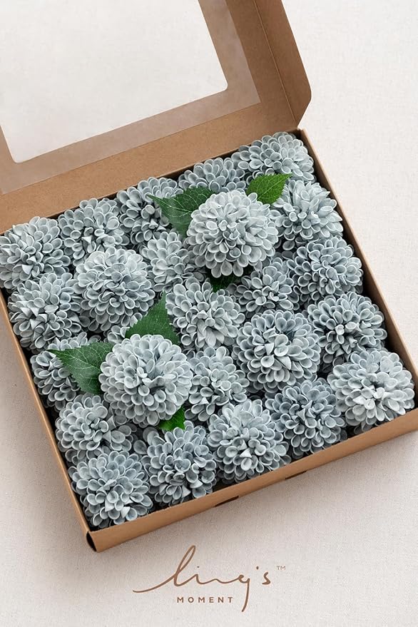 Ling's moment Dusty Blue Dahlia Foam Artificial Flowers Real Touch Faux Fake - Image 3