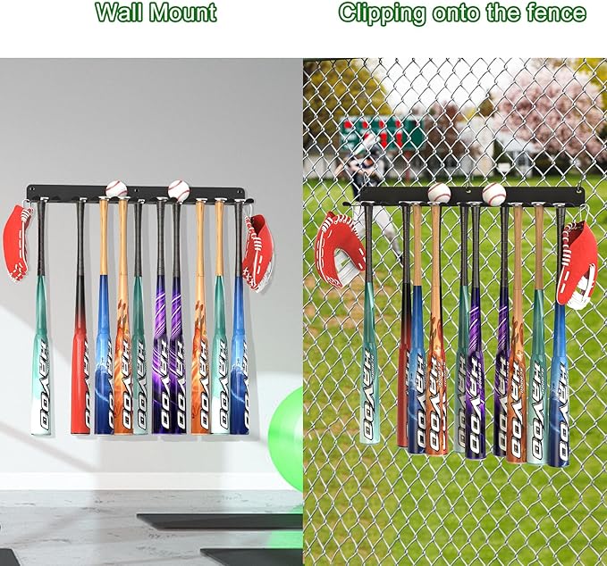 QBA Wall Mount Baseball Bat Holder, Heavy Duty Metal Bat Rack, Holds 22 Bats, Bats Organizer for Dugout Fence Home Garage (Black)