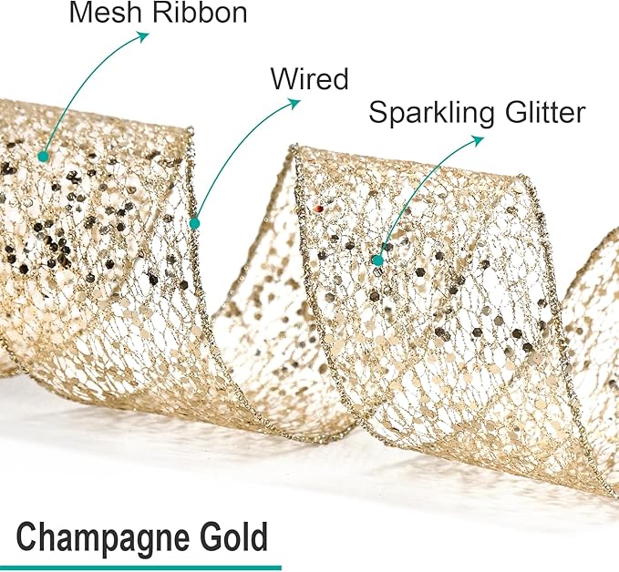 CT CRAFT LLC Sparkling Glitter Mesh Wired Ribbon 6" x 10 Yards Champagne Gold - Image 3
