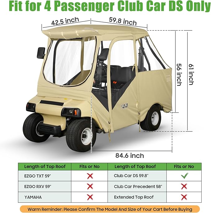 10L0L Golf Cart Driving Enclosure for Club Car DS 2+2 Passenger Short Roof, Waterproof Windproof Heavy Duty 600D Rain Cover with 4-Sided Clear Windows Durable Door Zipper All-Weather Protection Beige
