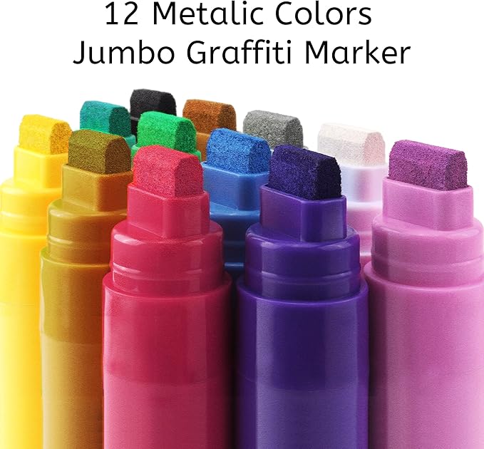 Jumbo Graffiti Poster Markers Set: 12 Metallic Colors Large 15mm Wide Tip - Image 2
