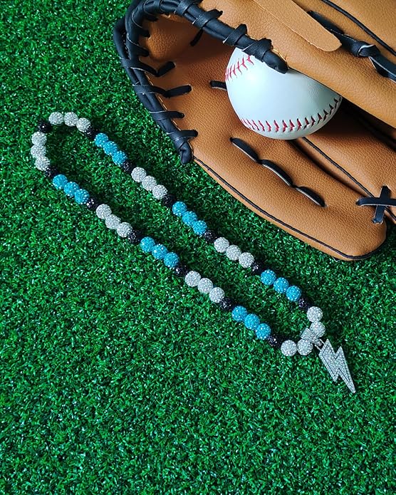 Baseball Necklace for Men 16/18/20 Inch Bling Ice Collection Lightning Bolt Pendant Necklace for Women Rhinestone Clay Beaded Discoball Accessories Gifts for Baseball Team Players Lovers