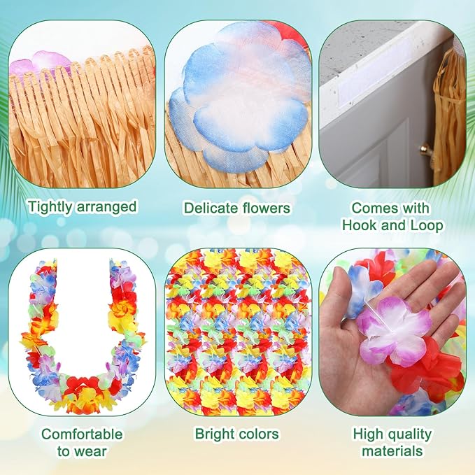 Zeyune 19 Pcs Summer Parade Golf Cart Decorations Kit Hawaiian Luau Grass Fringe Banner 19.7 ft Plastic Flower Lei Garland Summer Luau Stickers for Golf Cart Summer Theme Decorations
