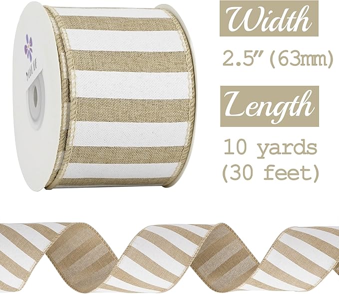 MEEDEE Burlap Ribbon with White Stripe Burlap Ribbon 2.5 Inch Wired Ribbon - Image 2