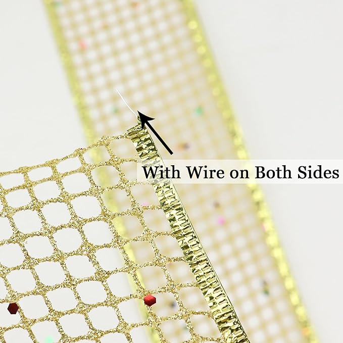 MEEDEE Gold Glitter Ribbon Gold Christmas Ribbon 2.5 Inch Square Mesh Net Wired - Image 3
