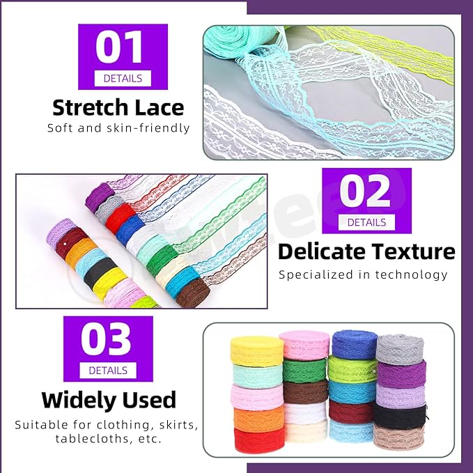 Swpeet 20 Rolls in Total 200 Yards 2.2cm×10 Yards Colorful Lace Ribbon - Image 5