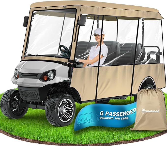 moveland Golf Cart Enclosure, Waterproof 600D Polyester w/Clear PVC Windshield, Compatible with EZGO Golf Carts (Fits 2 & 6 Passenger Models)