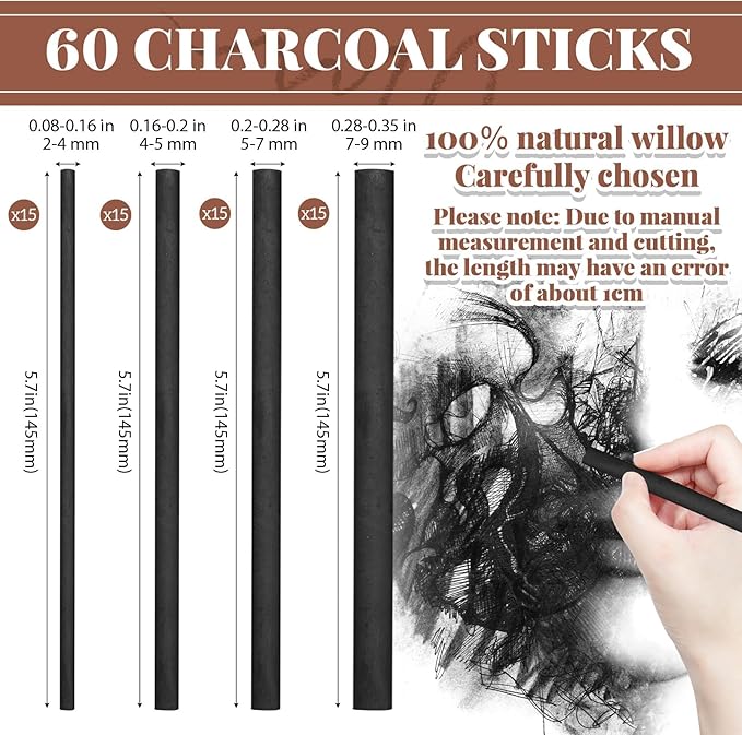Gueevin 60 Pcs Willow Charcoal Sticks, Willow Charcoal, and Fine Art Christmas - Image 2
