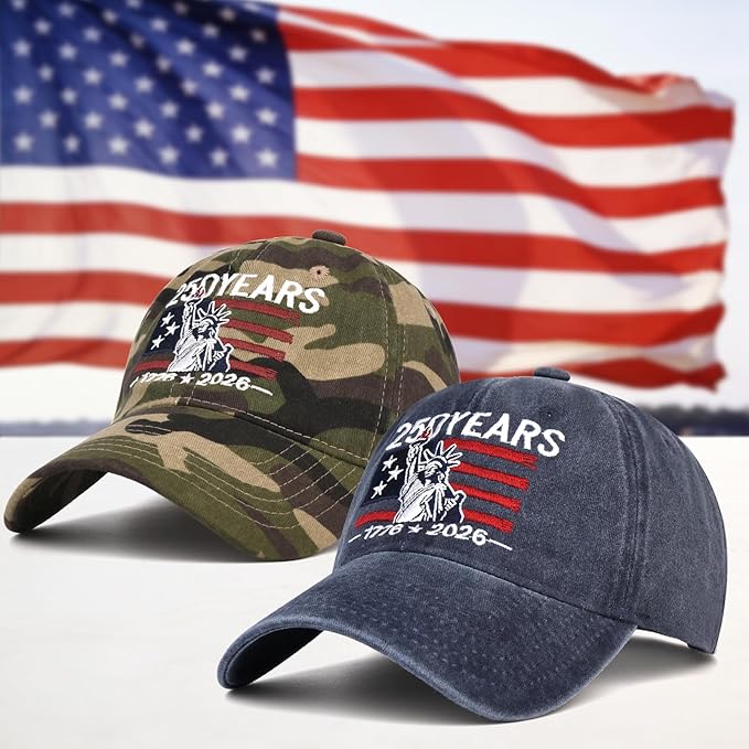 2 Pack USA 250th Anniversary Washed-Cotton Baseball Cap Patriotic Hat American 250 Year Merchandise for Men Women