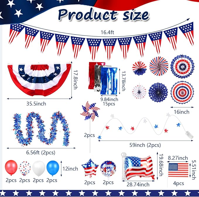 Tryly 46 PCS 4th of July Golf Cart Decorations, Patriotic Independence Day Decor with Luminous Pentagram Rope, Balloons, Flags, Windmill and Tassel, Used for Outdoor Party, Parade, Yard Decorations