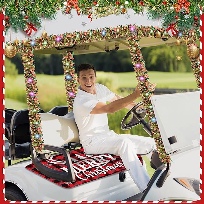 gisgfim Christmas Golf Cart Seat Covers 1 Pcs for 1 Person Seats 33ft Christmas Garland with LED Lights Red and Black Checkered Xmas Decorations Golf Cart Decorations Accessories, 51L x 31W Inches