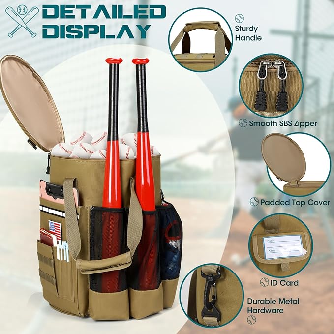 RAINSMORE Baseball Bucket Bag Baseball Coaches Accessories Organizer with Insulation Pocket Tactical Softball Bag with Anti-Slip Bottom, Multiple Pockets for Bat, Gloves, Scoreboards