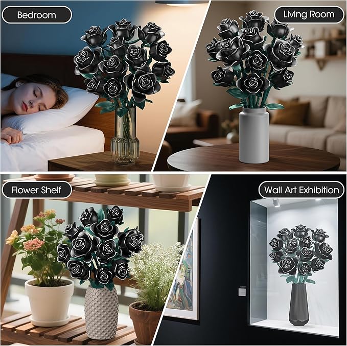 Black Roses Bouquet Building Set, DIY Floral Home Office Decor - Image 6
