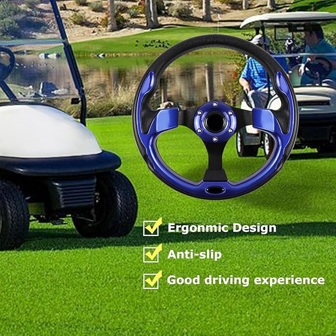 Golf Cart Steering Wheel, Universal Fit, PVC, Black and Blue, Medium Grip, For Golf Carts, Club Car, EZGO, RXV, TXT, Yamaha, Precedent, Tempo, DS