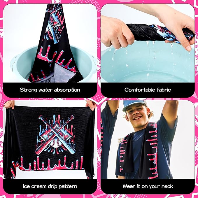 Lounsweer Ice Cream Pattern Drip Baseball Beach Towel 40"x12" Swim Pool Towel Cooling Baseball Softball Team Gift Youth Gift for Hot Weather Workout Gym Sport Party Favors(30 Pcs)