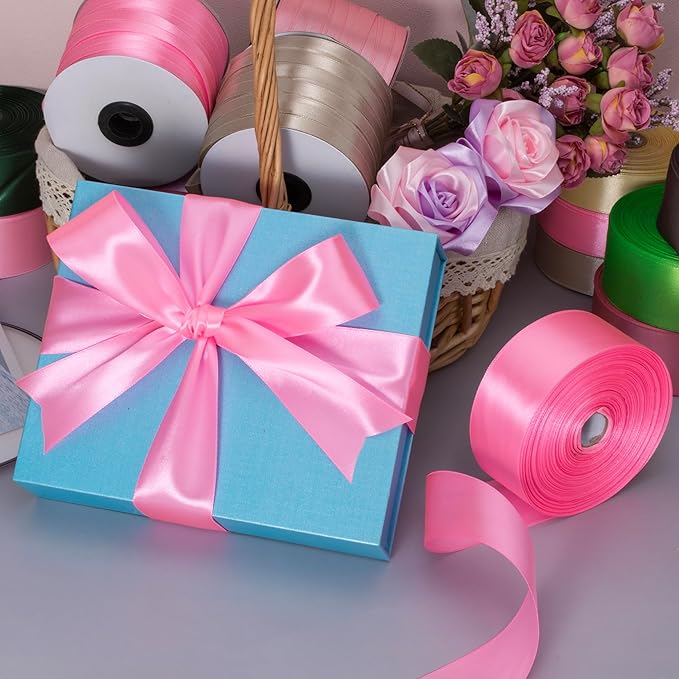 1 Inch Flamingo Pink Solid Satin Ribbon, 50 Yards Craft Fabric Ribbon - Image 4
