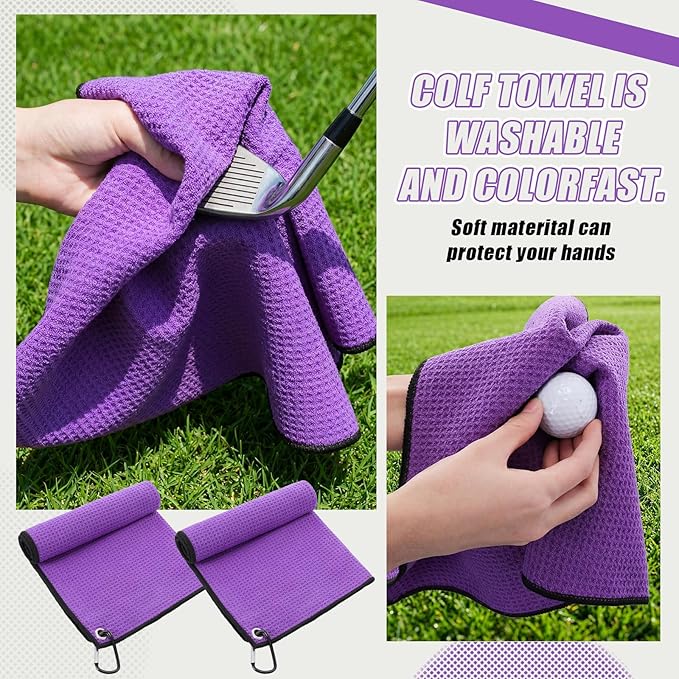 Batiyeer 30 Pcs Golf Towels Bulk for Bags 16'' x 16'' Microfiber Fabric Golf Towel with Clip Waffle Pattern for Men Mini Tournament Fitness Yoga Camping (Purple)