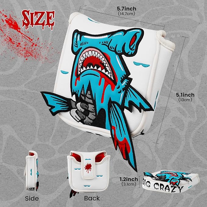 Big Crazy Golf Head Covers, Golf Club Covers Funny, Driver Headcovers, Golf Club Covers, Fairway Woods Head Covers, Hybrids Headcover, Putter Cover with Soft Lining for Golf Gift Hammerhead Sharks