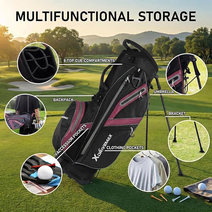 XDriveMax Golf Stand Bag with Accessory Pack, Lightweight 8-Way Top Dividers Golf Bag with Stand, Includes Insulated Cooler Pocket, Dual Strap & Rain Cover