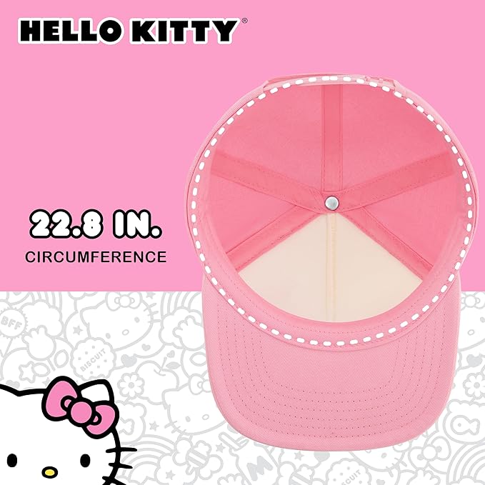 Hello Kitty Baseball Cap, Women's Snapback Hat with Flat Brim and 3D Ribbon and Ears