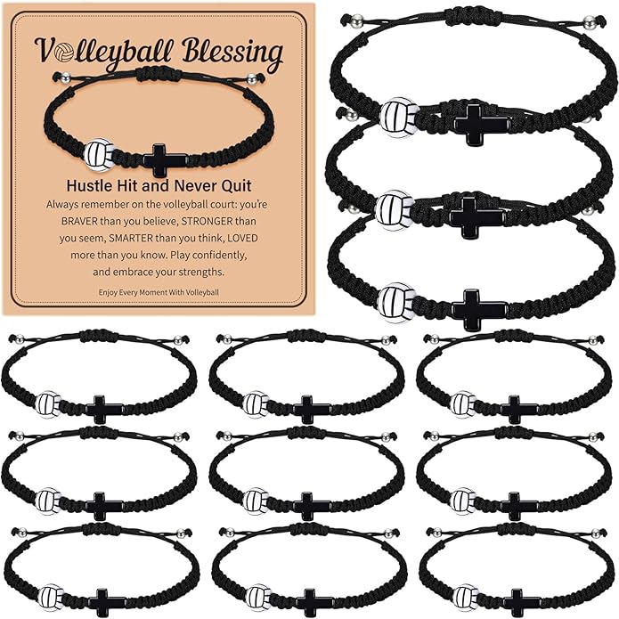 Tondiamo 12 Set Christian Cross Balls Bracelets Gifts Adjustable Baseball Volleyball Softball Woven Jewelry Charm Bracelets with Inspirational Cards for Team Gifts Sports Lover