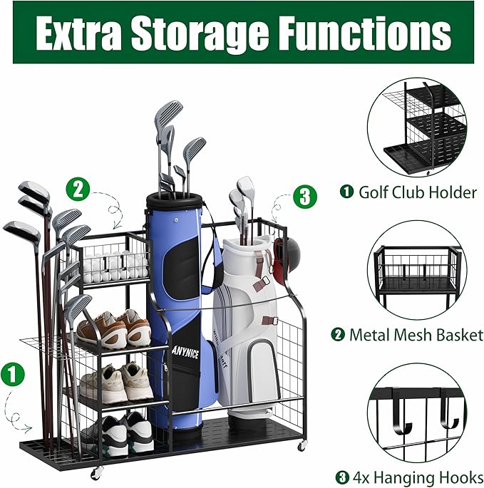 Golf Bag Storage Organizer with Wheels, Garage Golf Equipment Rack for 2 Golf Bags, Clubs, Shoes & Accessories Heavy Duty Metal Stand for Garage, Basement, Home or Shed
