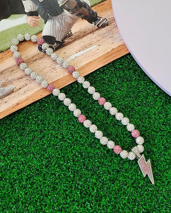 Baseball Necklace for Men 16/18/20 Inch Bling Ice Collection Lightning Bolt Pendant Necklace for Women Rhinestone Clay Beaded Discoball Accessories Gifts for Baseball Team Players Lovers